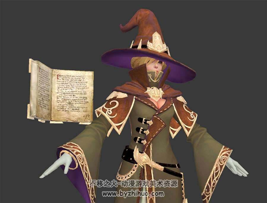 西方魔幻游戏角色女法师巫师预言家带道具魔法书3DMax模型含贴图下载