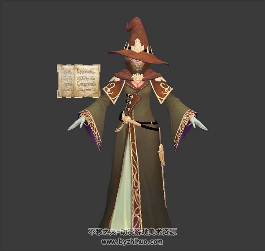 西方魔幻游戏角色女法师巫师预言家带道具魔法书3DMax模型含贴图下载