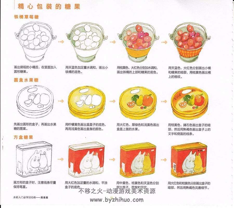 水彩入门必学500例 美食篇 手绘卡通插画食物道具方法教程 附PDF