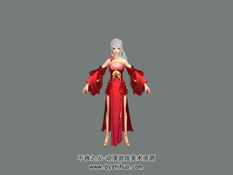 修仙仙侠玄幻 东方古风时装红裙 银发女角色3D模型