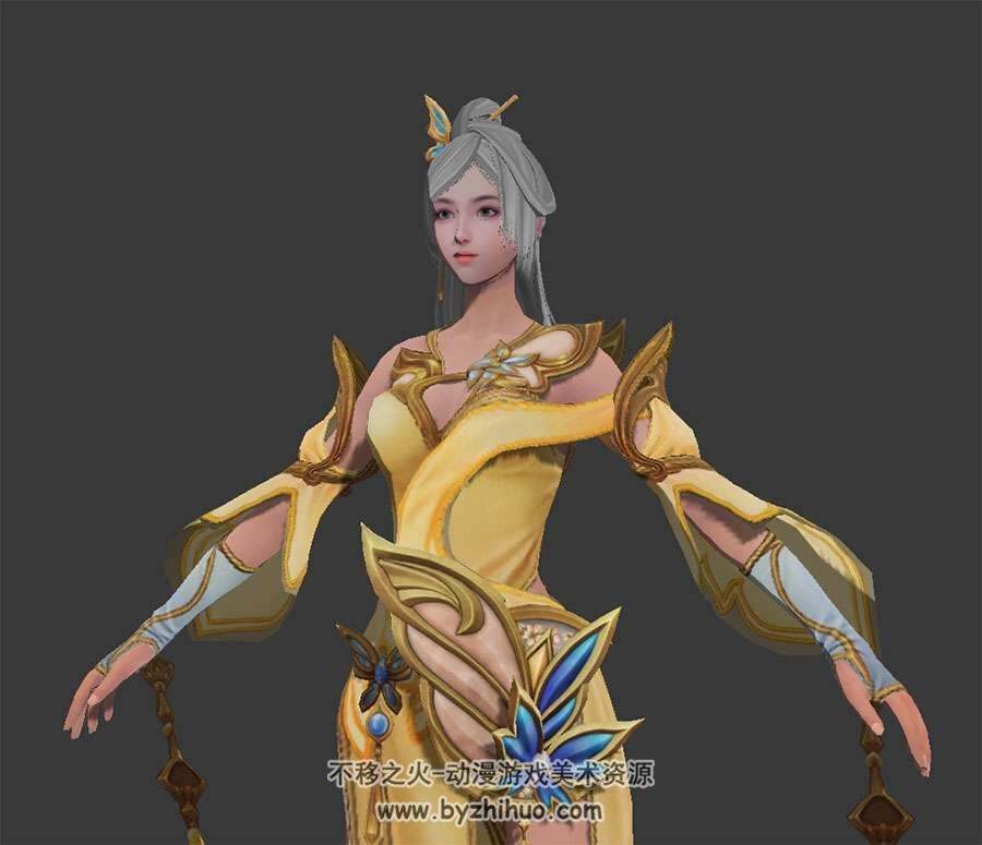 中式仙侠风古装黄衣游戏女子3DMax模型下载