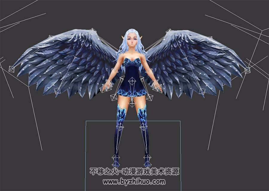 翼人 黑色翅膀 蓝发少女 四边面 3D模型 有绑定有动作