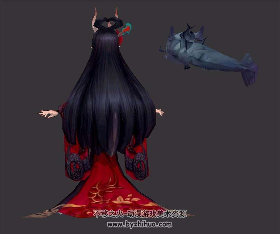 Q版龙女 红色长裙 宠物黑龙 3D模型