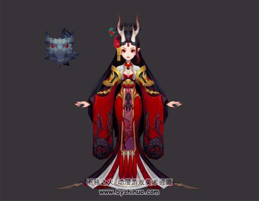Q版龙女 红色长裙 宠物黑龙 3D模型