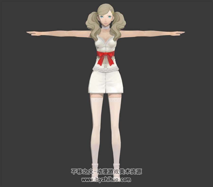 双马尾白色裙装女孩3DMax模型含贴图下载