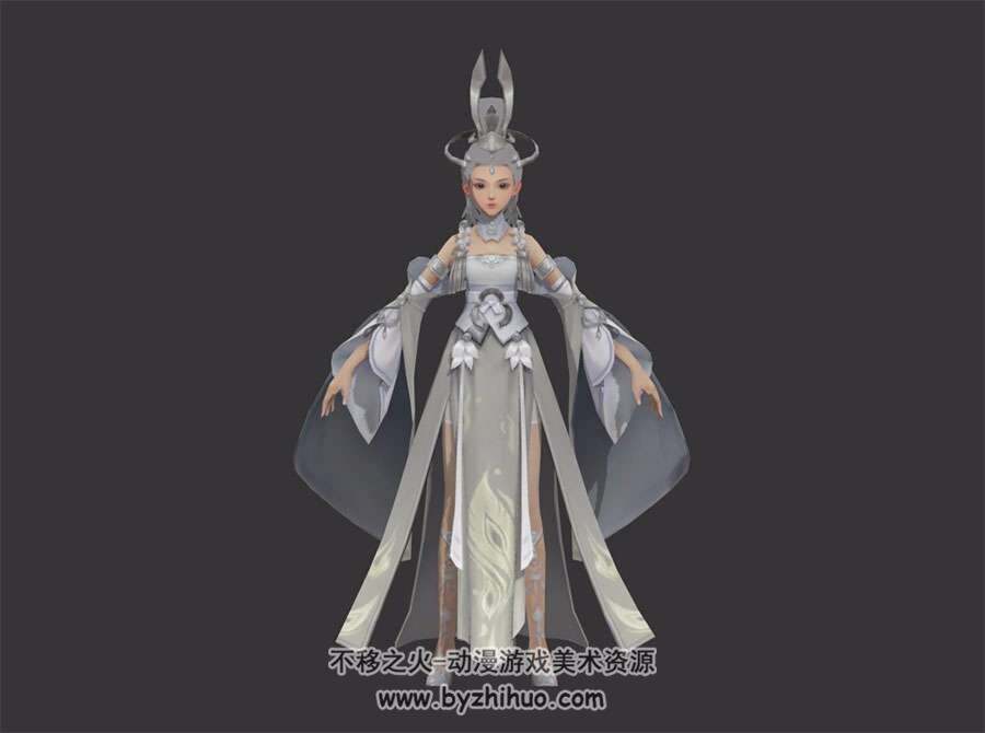 玄幻修真 白发女角色古风时装外观 3D模型 下载 四角面