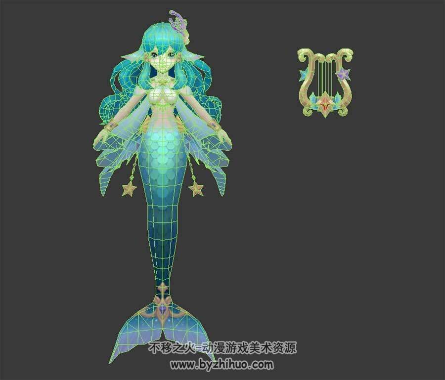 会眨眼的可爱萝莉美人鱼3DMax模型带绑定贴图下载