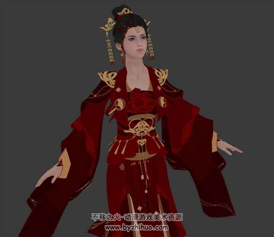 红衣古装女角色3DMax模型下载 含蹦蹦哒哒舞蹈动画