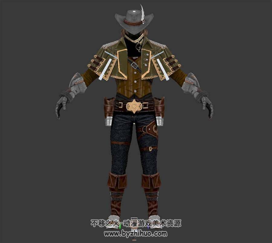 牛仔男枪手3DMax fbx模型带绑定骨骼含贴图下载