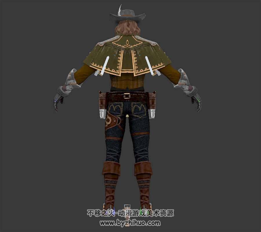 牛仔男枪手3DMax fbx模型带绑定骨骼含贴图下载