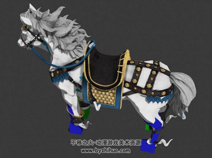 游戏动物座骑白马3DMax模型含贴图骨骼四边面下载