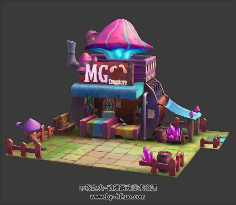 卡通蘑菇商店房屋3DMax obj模型含贴图分享下载