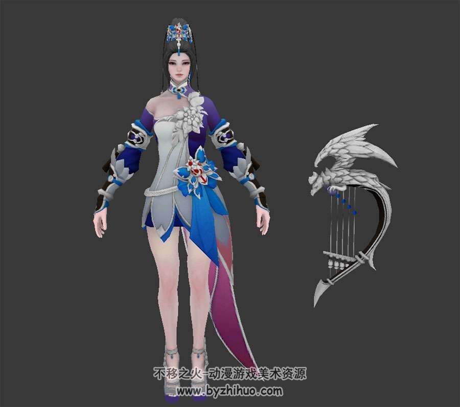 中式仙侠风游戏角色女弓箭手3D模型 obj格式