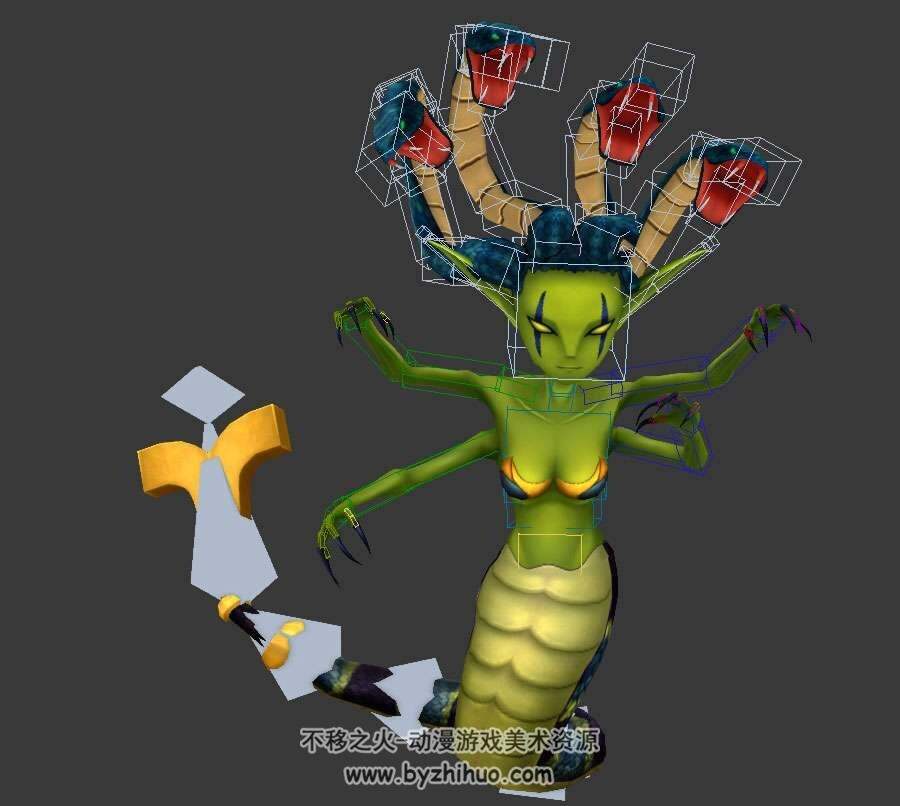 Q版小怪物美杜莎3DMax模型下载行走普通攻击动作带绑定