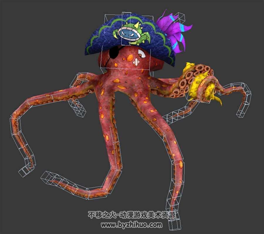 游戏生物章鱼宠物3DMax模型带绑定待机动作下载