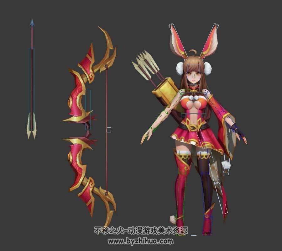 可爱的兔耳少女弓箭手3DMax模型带绑定下载