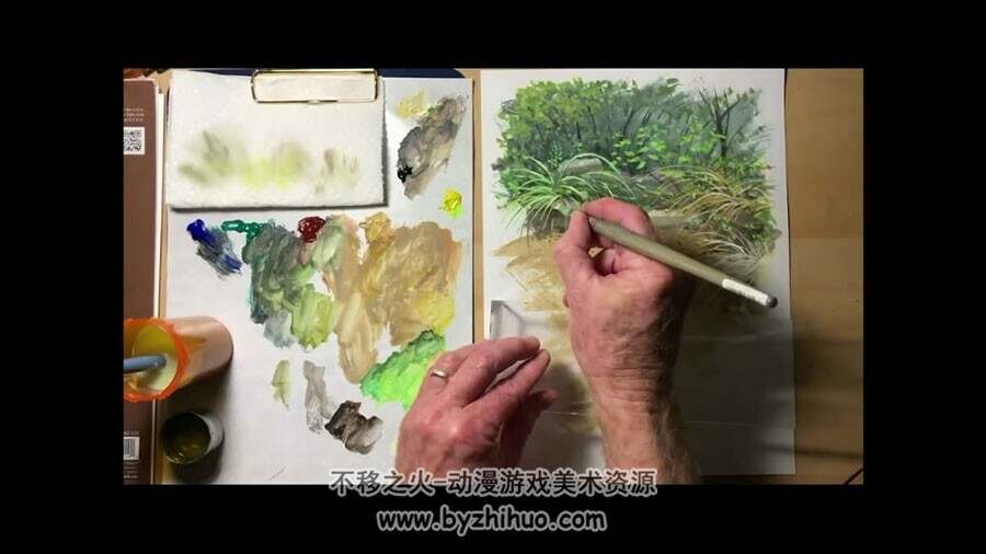 草丛石头 野外郊外场景传统手绘绘制技法视频教程