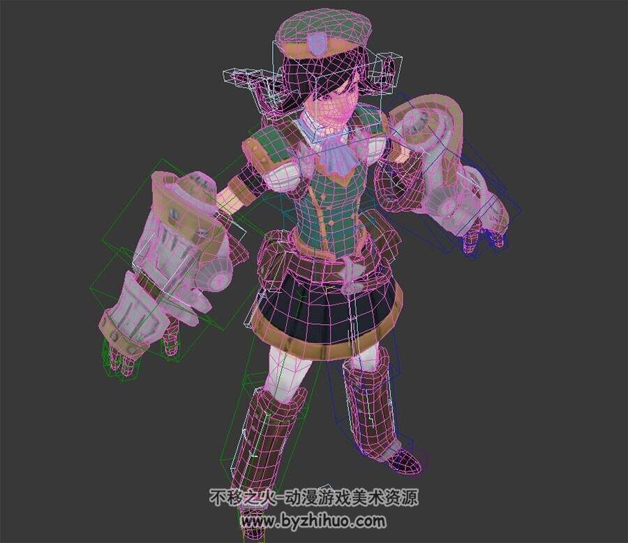 游戏人物拳套少女3DMax模型带绑定翘辫子动作下载