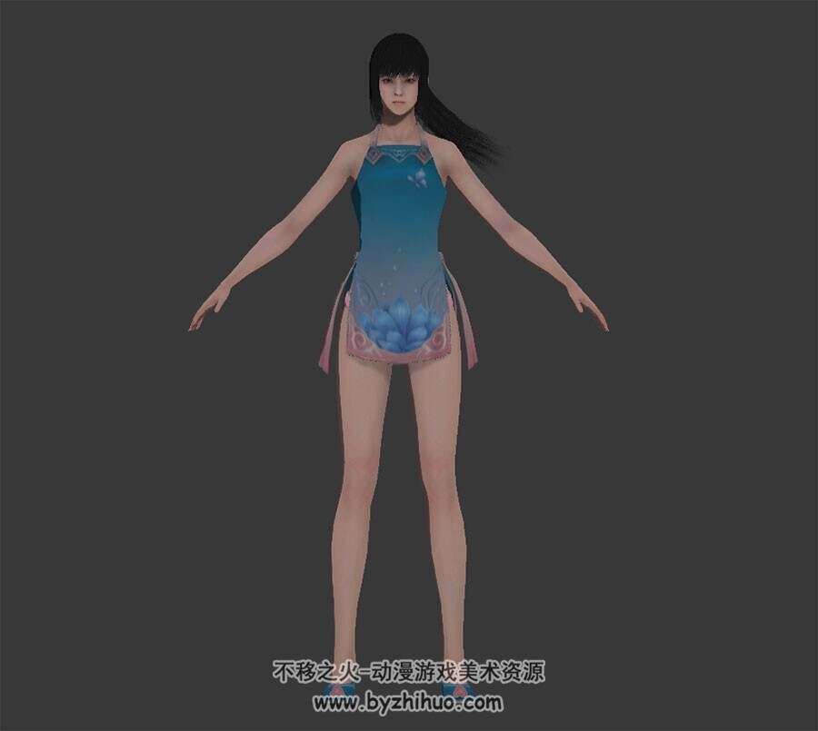 国风女角色清凉服装3DMax模型带绑定下载