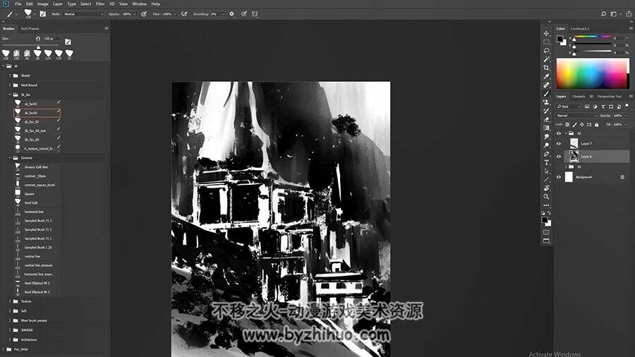 原画绘制教程 黑白概念场景 CG绘画技巧视频教程 附源文件和笔刷