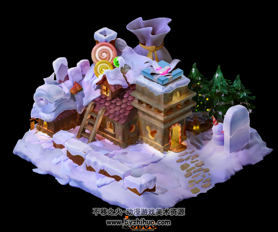 卡通圣诞小屋 雪屋 四角面 3D模型百度网盘下载