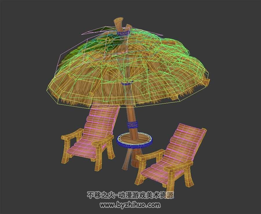 海滩遮阳伞躺椅 3D模型 四角面 百度网盘下载