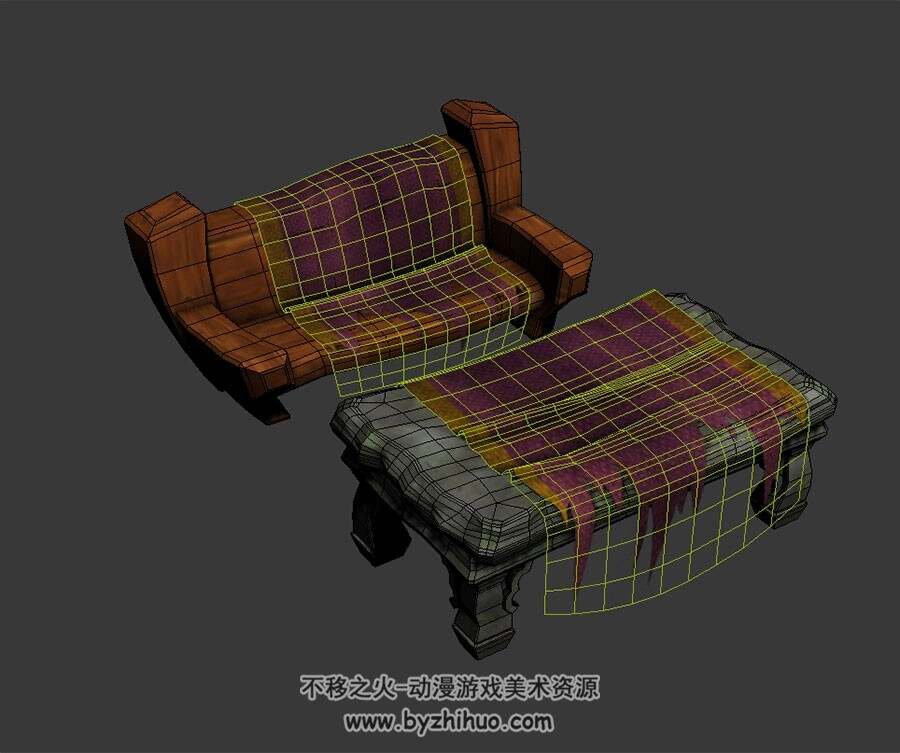 卡通木椅石桌 室内max模式 3D模型下载 四角面