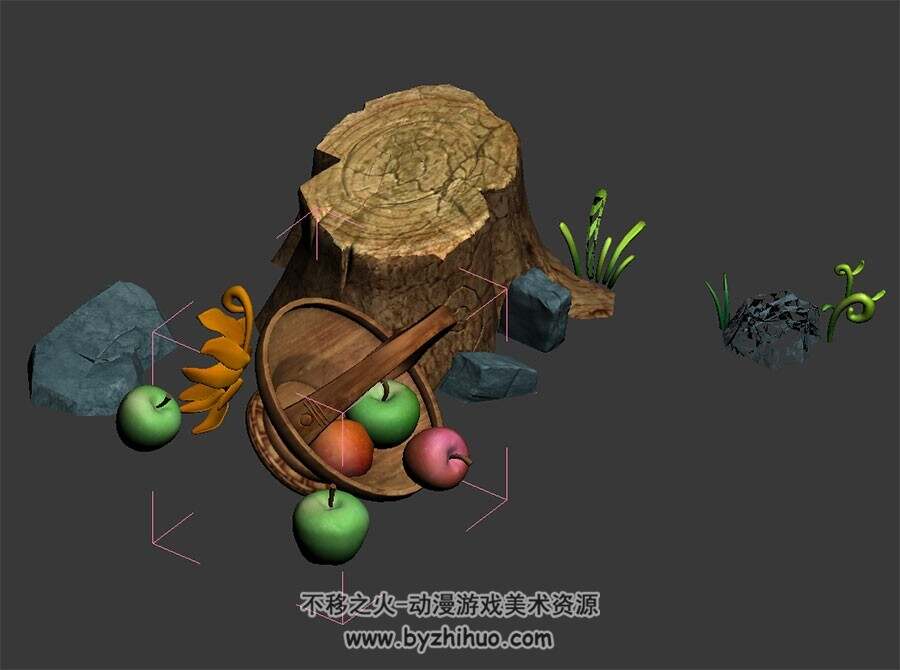 树墩旁的水果篮子 四角面3D模型 max格式下载