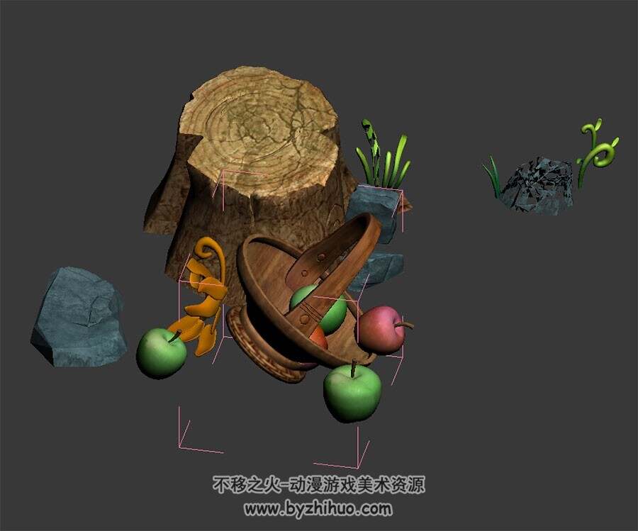 树墩旁的水果篮子 四角面3D模型 max格式下载