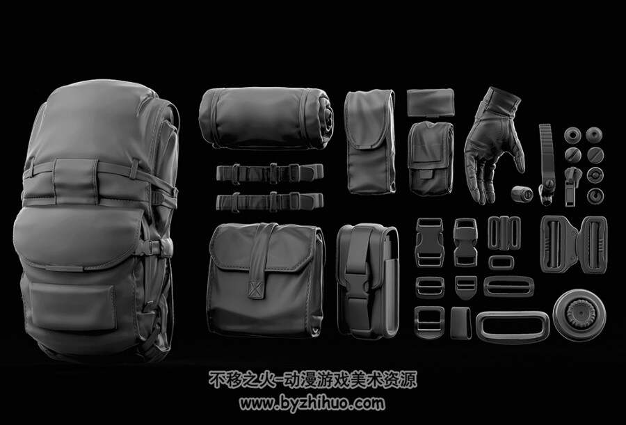 士兵背包袋子手套装备3D C4D模型素材 百度网盘分享下载
