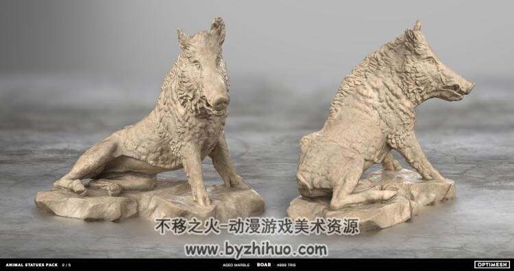 PBR动物雕像包 狮子 犀牛 野猪 马 3D模型分享