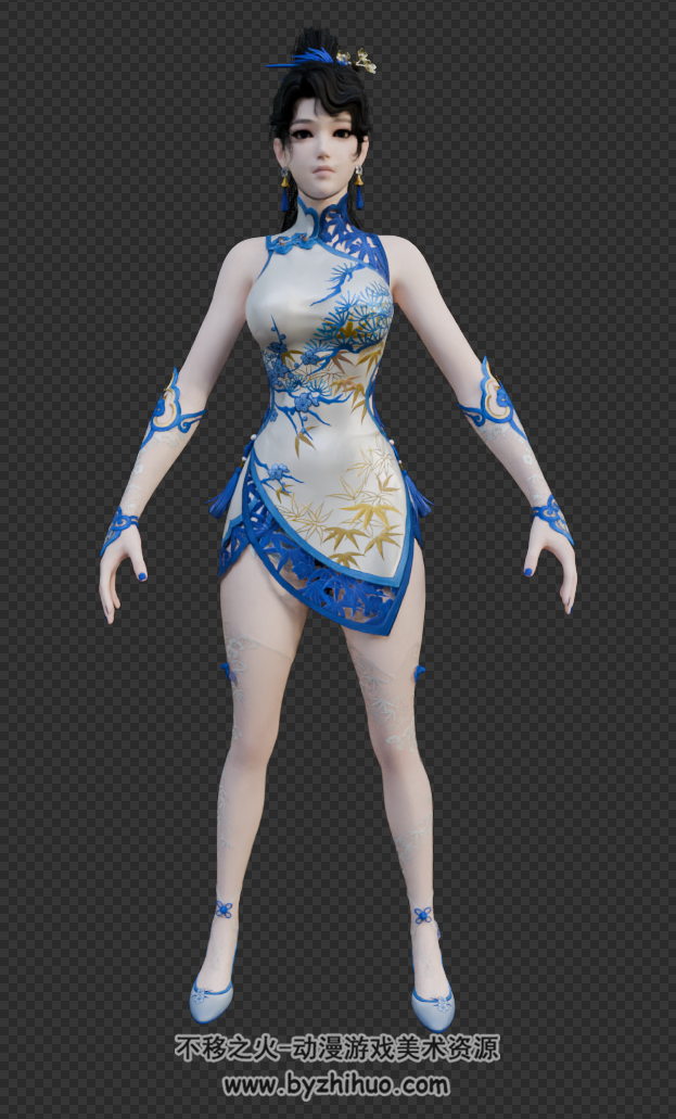 妖刀姬青花瓷 中国风旗袍女角色3D模型max 百度网盘下载