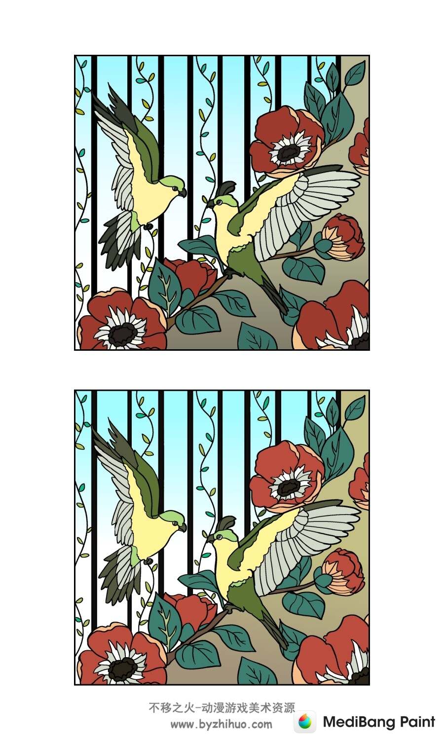 复古花鸟上色