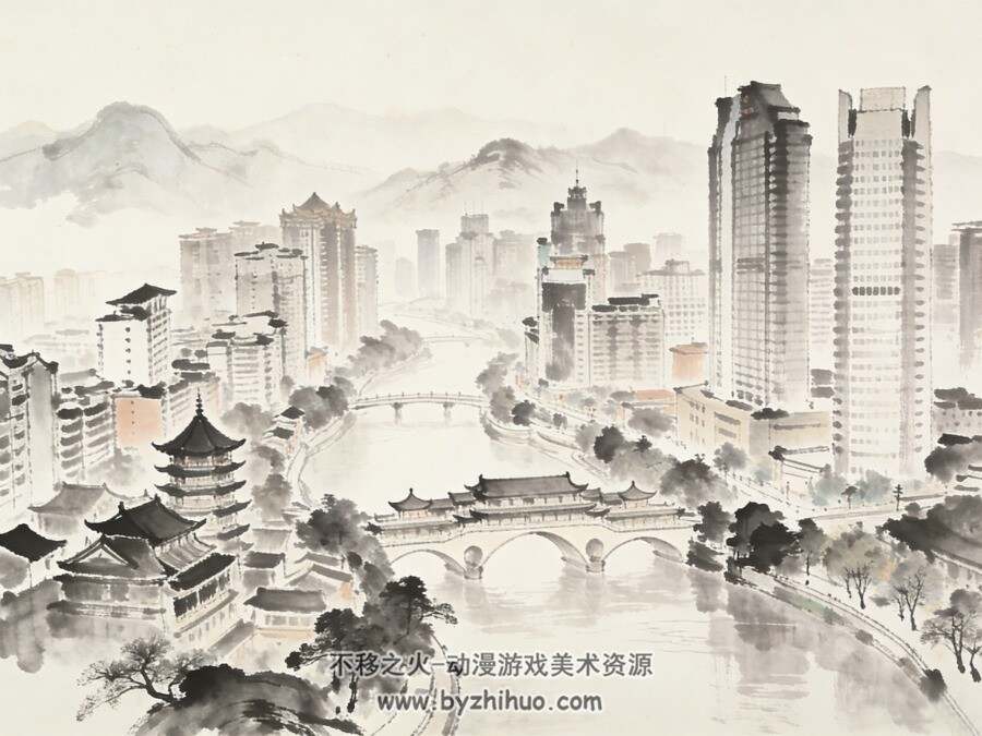 美丽的城市风景水墨画1