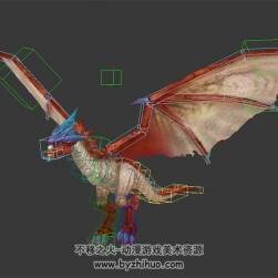 红色西方飞龙 3D模型 有绑定和飞行的动作