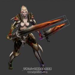 游戏角色铠甲女性感剑士双手持剑3DMax模型 带绑定待机休闲攻击动作