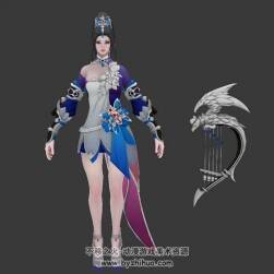 中式仙侠风游戏角色女弓箭手3D模型 obj格式