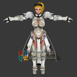 美女 金发 白色 铠甲 女战士T-pose模型