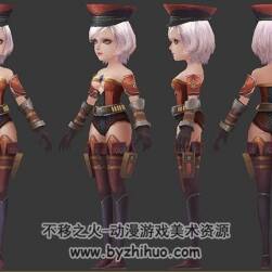 卡通風(fēng)白發(fā)性感皮革軍裝少女 3D模型 有綁定和走路動作 四邊面