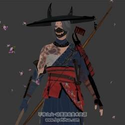 畫風(fēng)浪漫古風(fēng)日式斗笠女武士3DMax模型下載