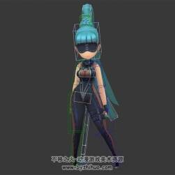 卡通藍(lán)色單馬尾緊身衣蘿莉 3D模型 有綁定和動作