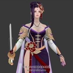 中式仙俠武俠風(fēng)古裝紫衣美女帶劍扭腰動作帶綁定3DMax模型下載