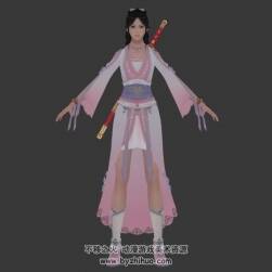 中式古裝武俠帶劍女 3dMax模型百度云下載 四邊面帶綁定