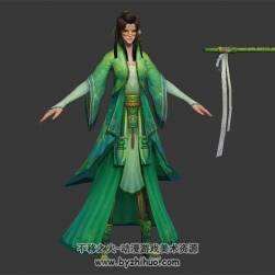 中國(guó)古風(fēng)武俠 長(zhǎng)發(fā)綠衣女角色 3D模型 四邊面