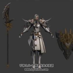 長發(fā) 白色鎧甲刀盾女戰(zhàn)士 3D模型 三邊面高模