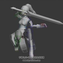 重劍攻擊動作馬尾女孩3DMax模型帶綁定下載