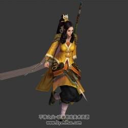 古裝黃衣女俠 3D模型 有綁定和奔跑動(dòng)作 四邊面