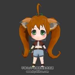 Q版卡通雙馬尾少女 3D模型 有綁定和憤怒開槍跳躍的動(dòng)作