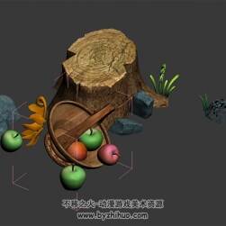 樹(shù)墩旁的水果籃子 四角面3D模型 max格式下載