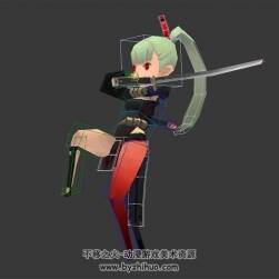 Q版游戲劍靈佩刀女帶綁定疾跑攻擊動畫3DMax模型帶綁定下載
